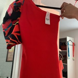 NY&C Red One Shoulder Blouse with Floral print Sleeve. Size XS. NWT. 50% OFF